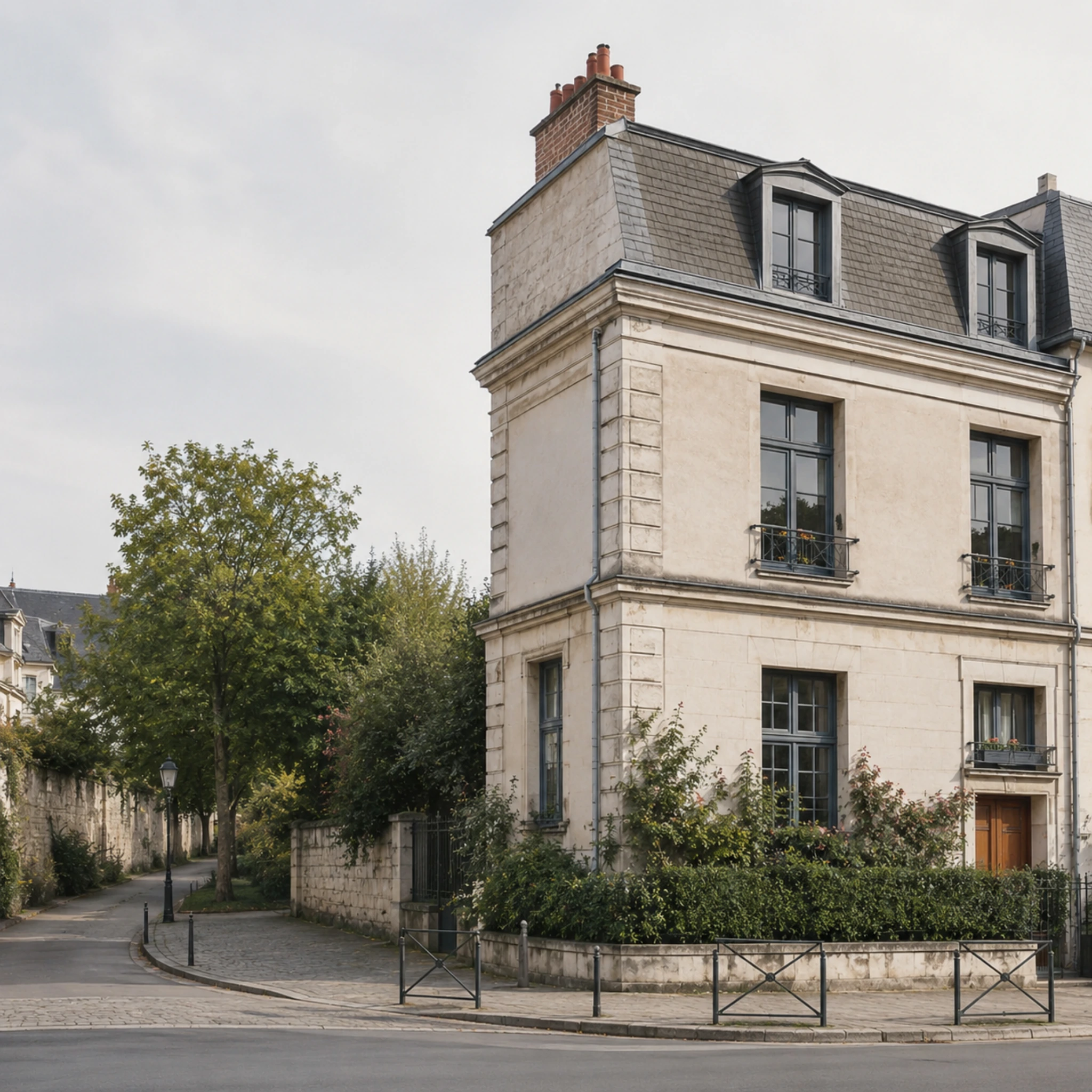 Immeuble résidentiel français en pierre claire au bord d’une rue arborée.