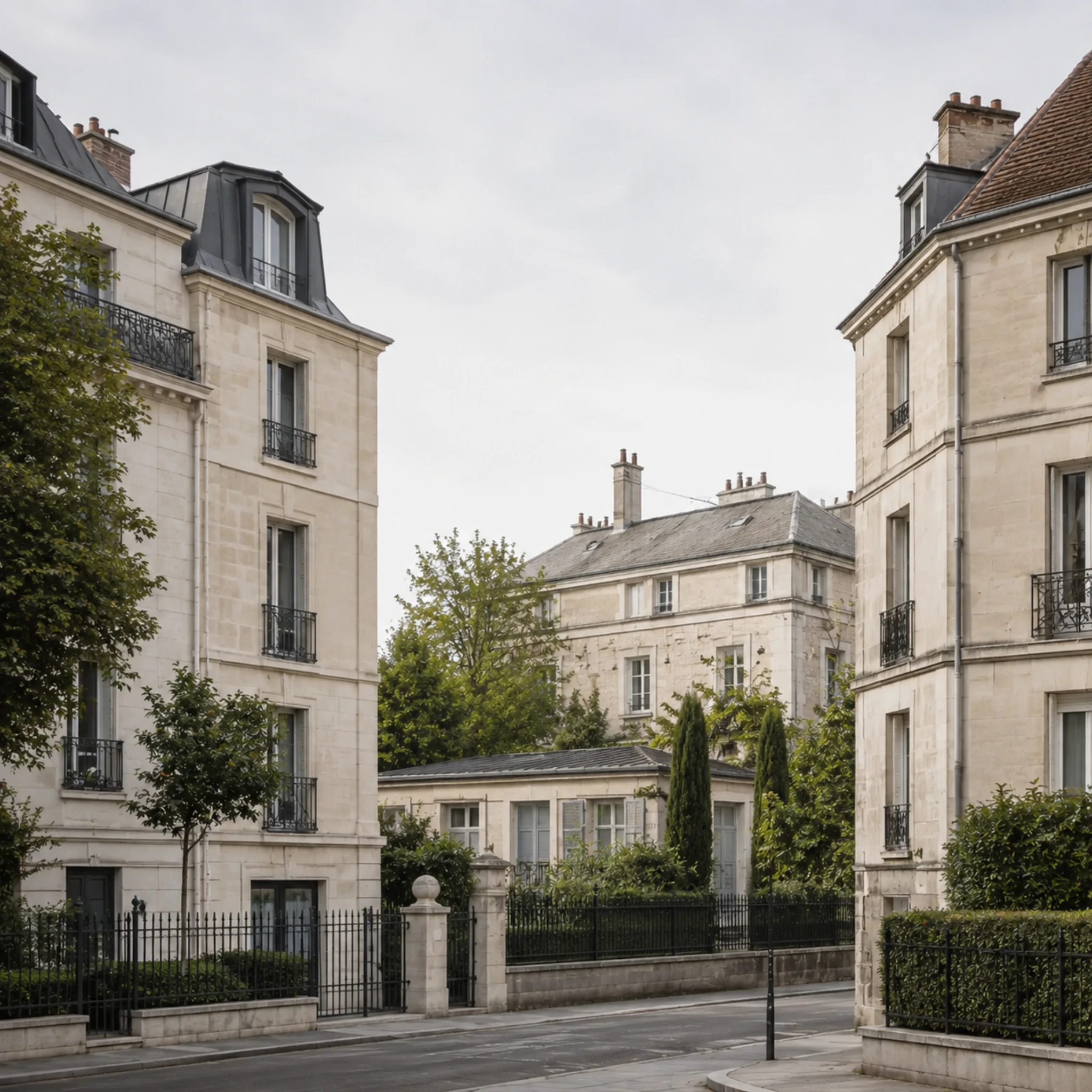 Ensemble de bâtiments résidentiels français autour d’une rue calme.