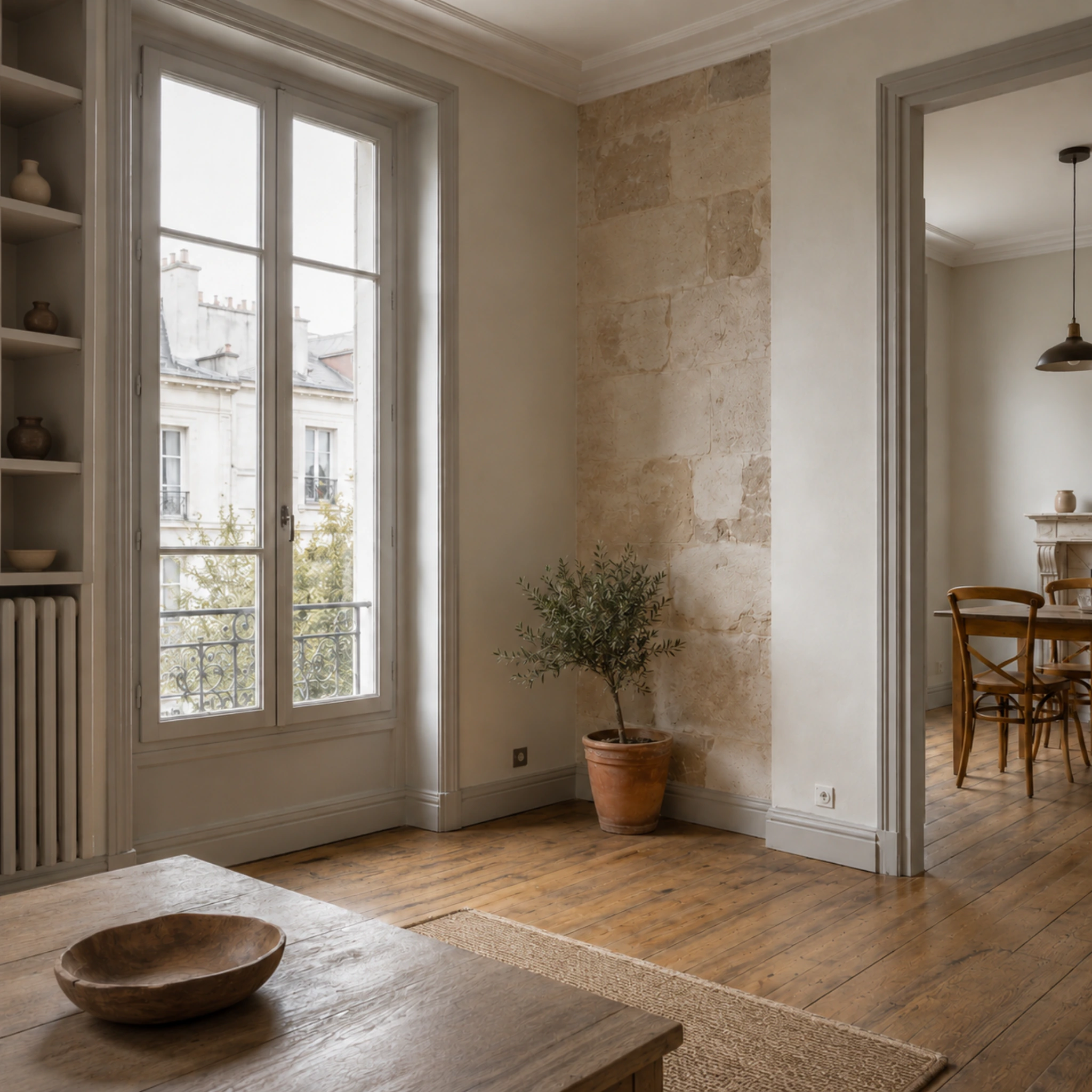 Intérieur résidentiel français avec parquet, mur en pierre et lumière naturelle.