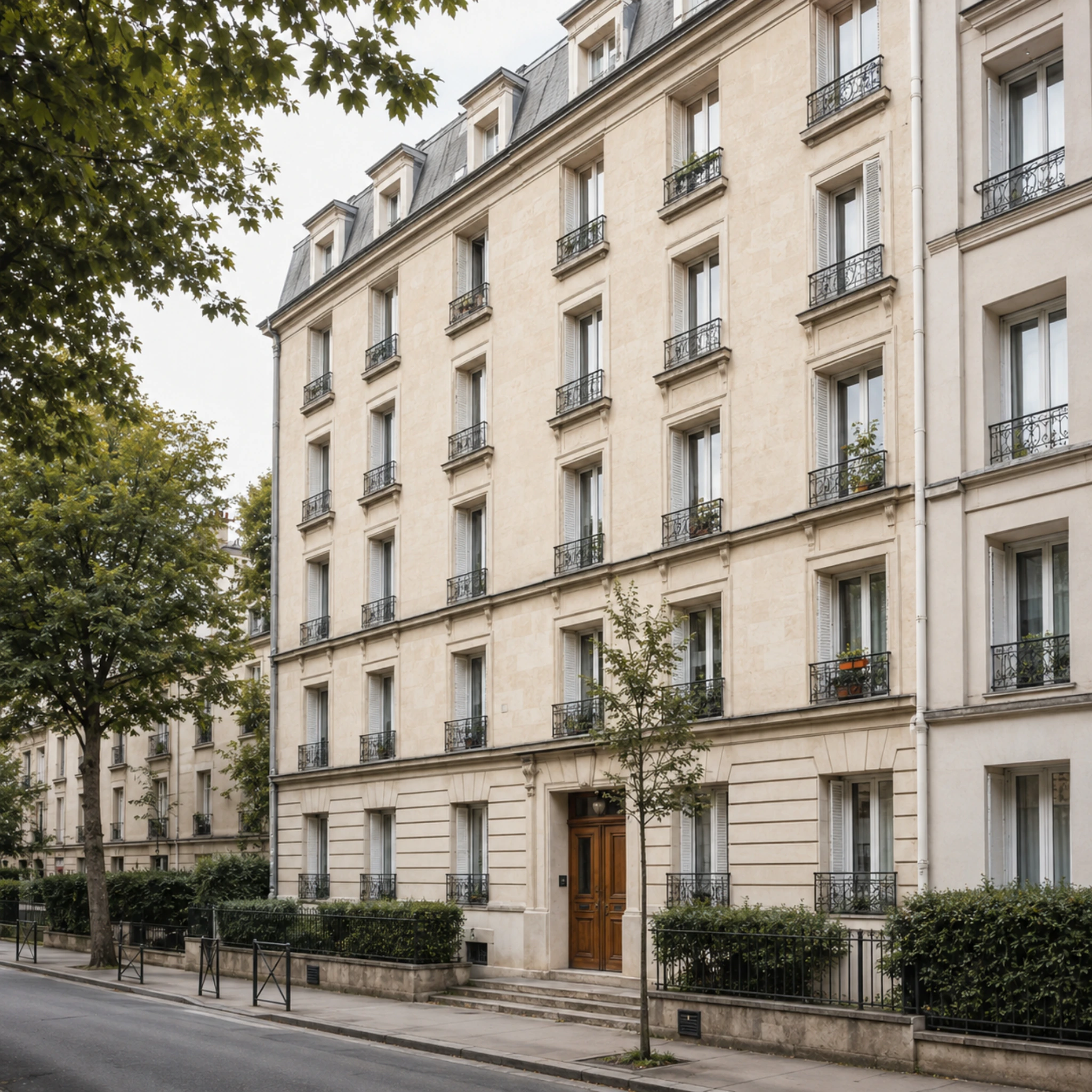 Immeuble locatif français en pierre claire dans une rue résidentielle.