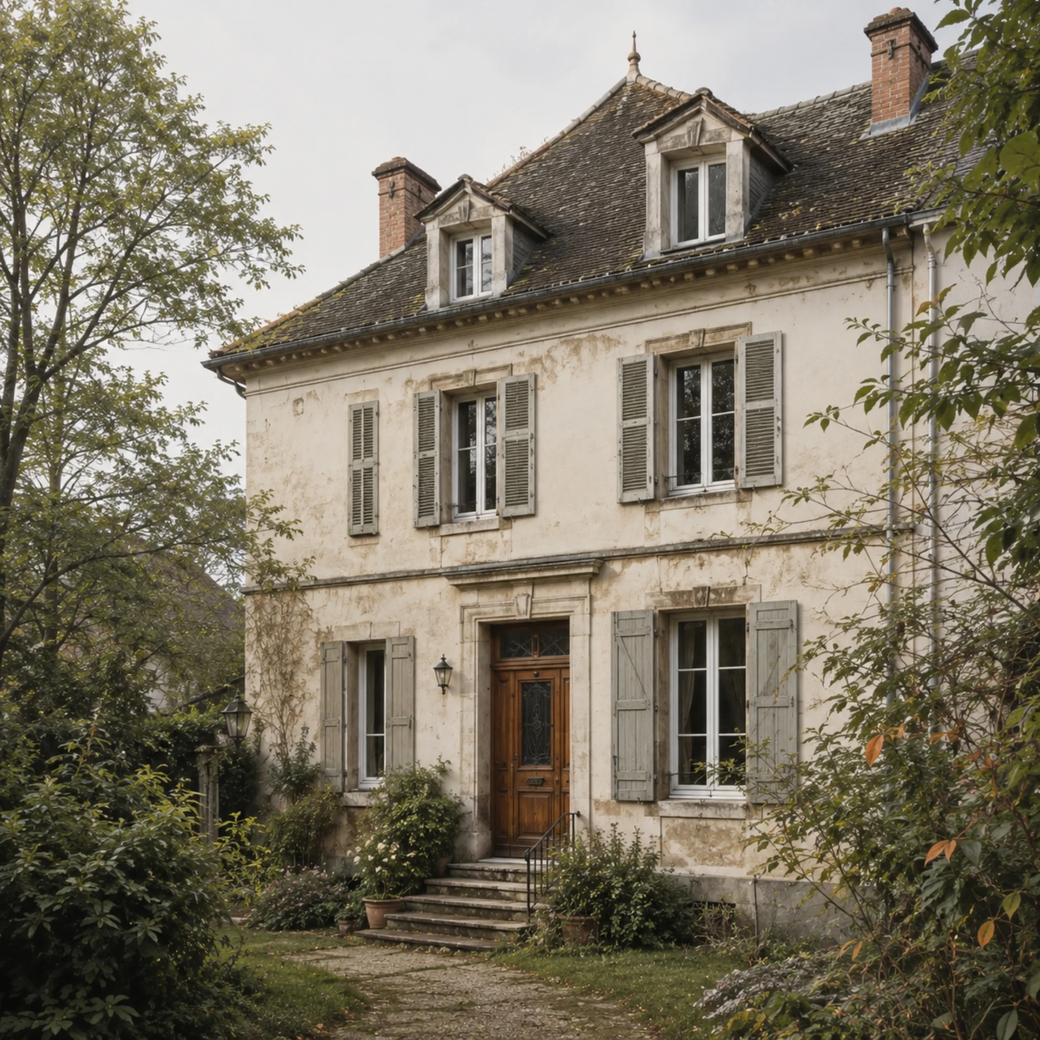 Maison française ancienne entourée d’un jardin, avec une façade légèrement patinée.