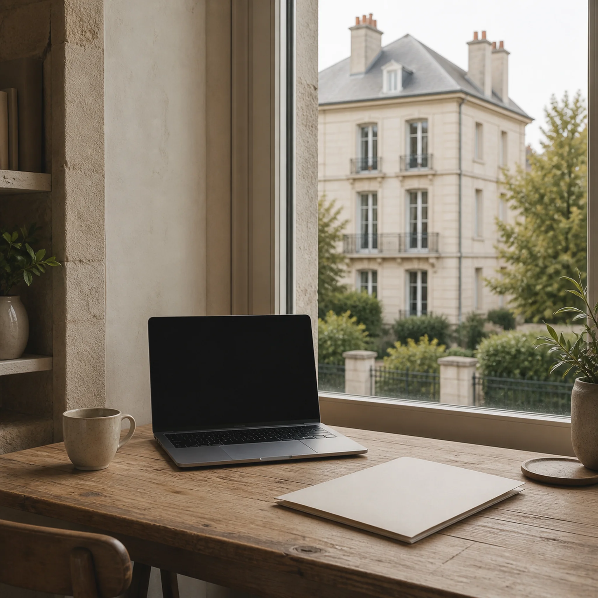Bureau avec ordinateur éteint face à une résidence française visible par la fenêtre.