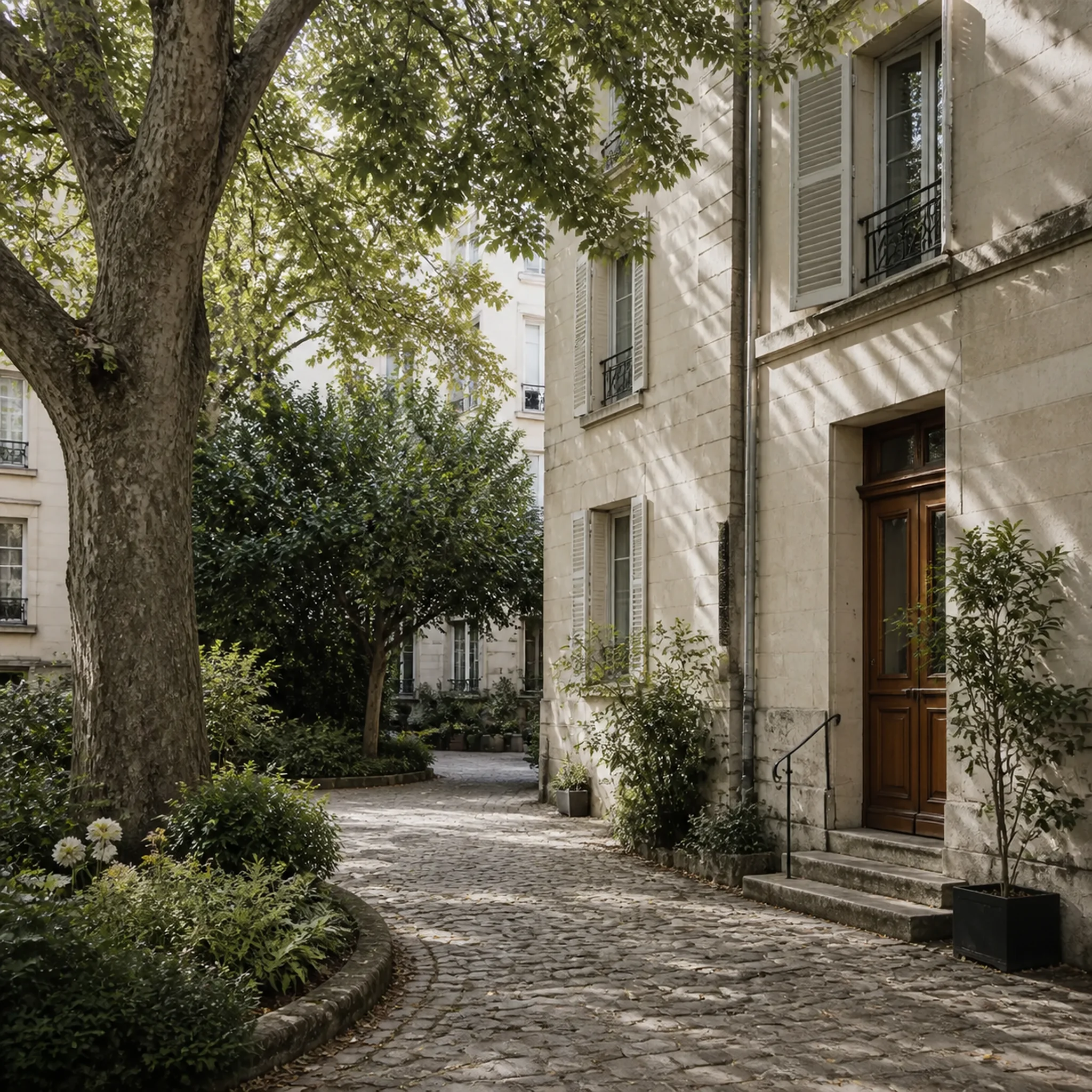 Cour arborée d’une résidence française entretenue, entre pierre ancienne et végétation mature.