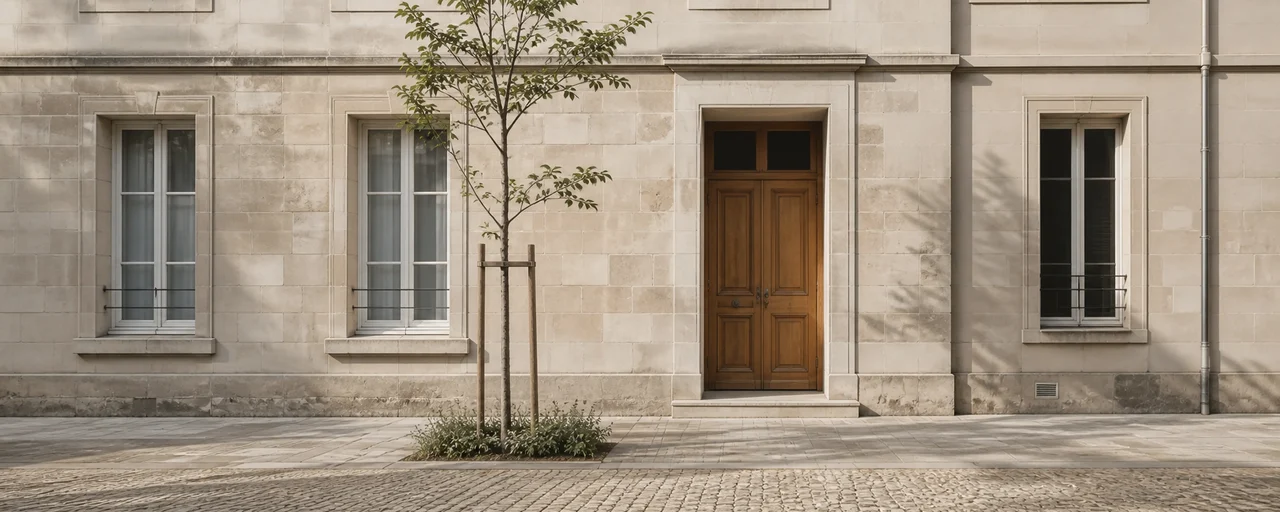 Façade résidentielle française en pierre entretenue, bordée d’un jeune arbre et d’un chemin clair.