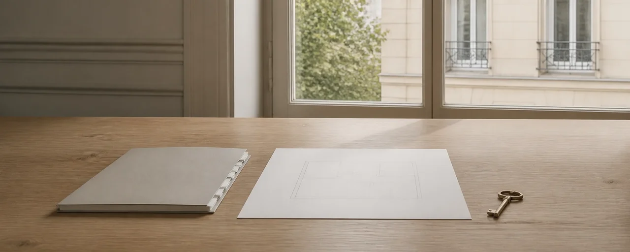 Dossier, plan simplifié et clé ordonnés sur une table face à une résidence française.