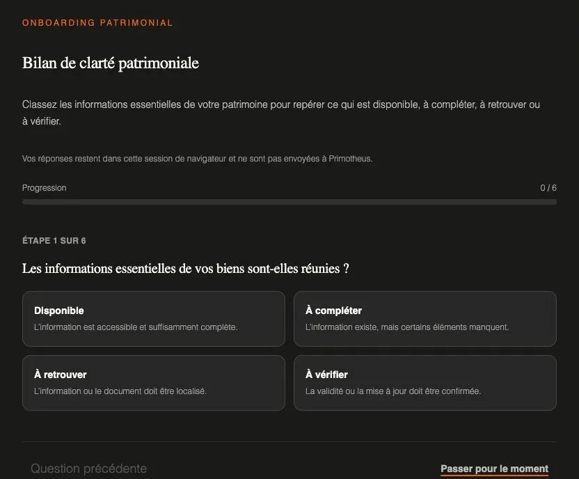 Capture de démonstration du bilan de clarté Primotheus avec une question et quatre statuts de classement.