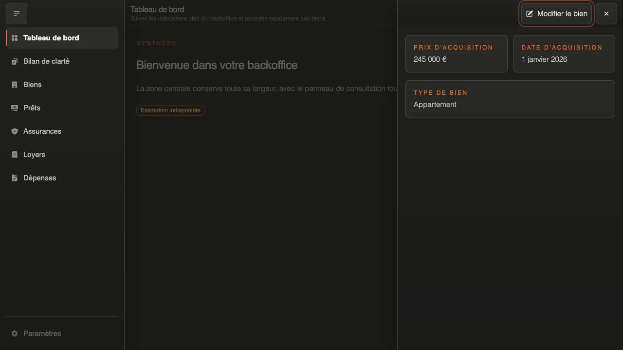 Capture de démonstration du back-office Primotheus avec navigation et panneau de détail d’un appartement fictif.